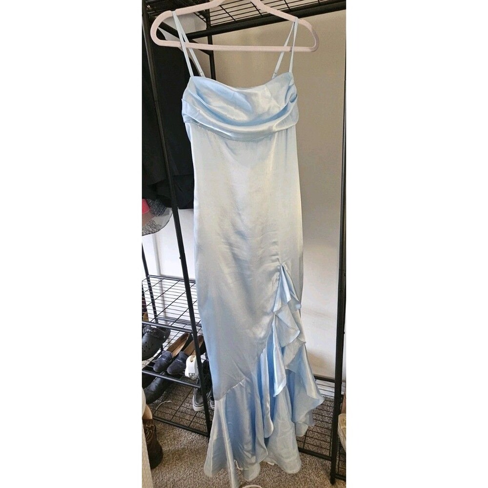 Galina Signature Blue Satin Cowl Neck Lace-Up Back Long Formal Gown M